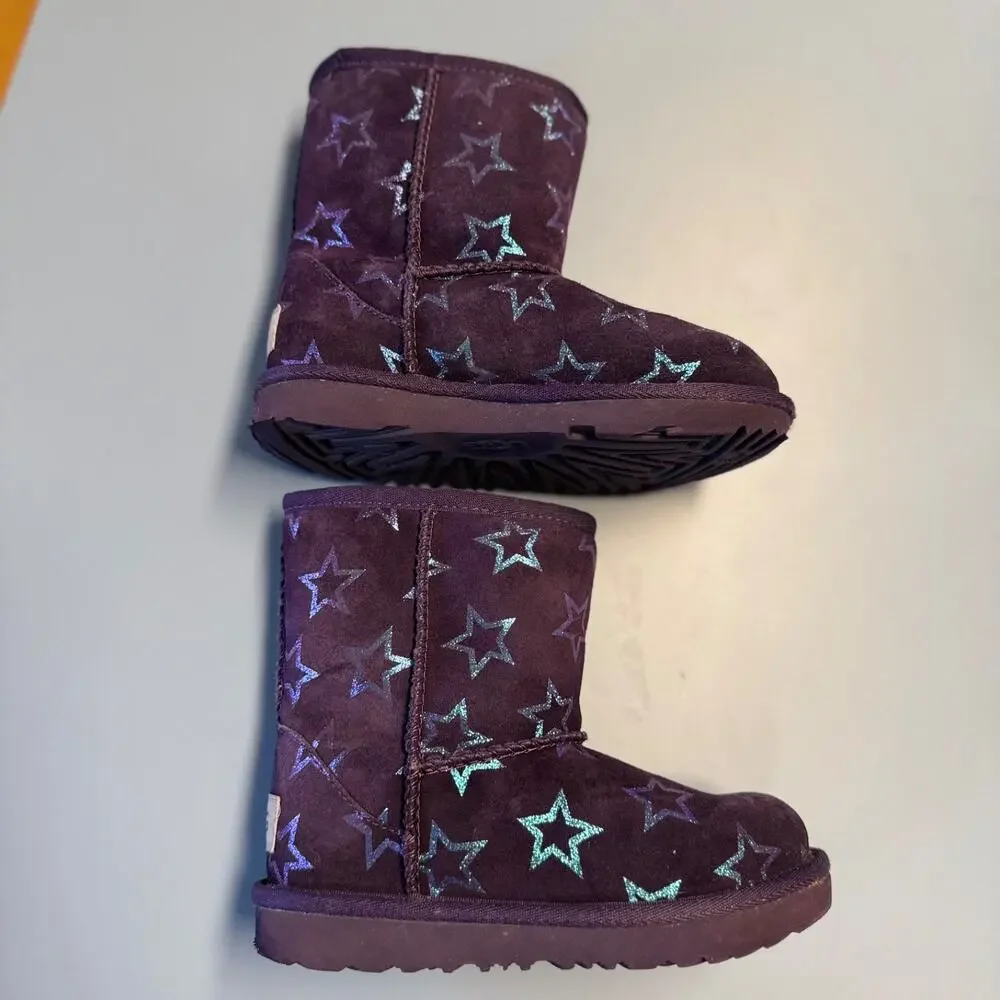 UGG Girls Sz 11 Boots Classic II Purple Iridescent Stars Nightshade